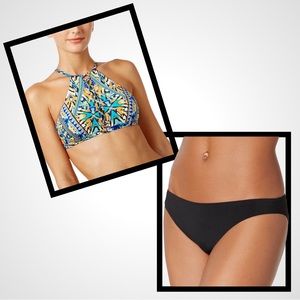 Bar III On the Monarchy Tribal Print High-Neck 2-Piece Bikini with Black Bottoms